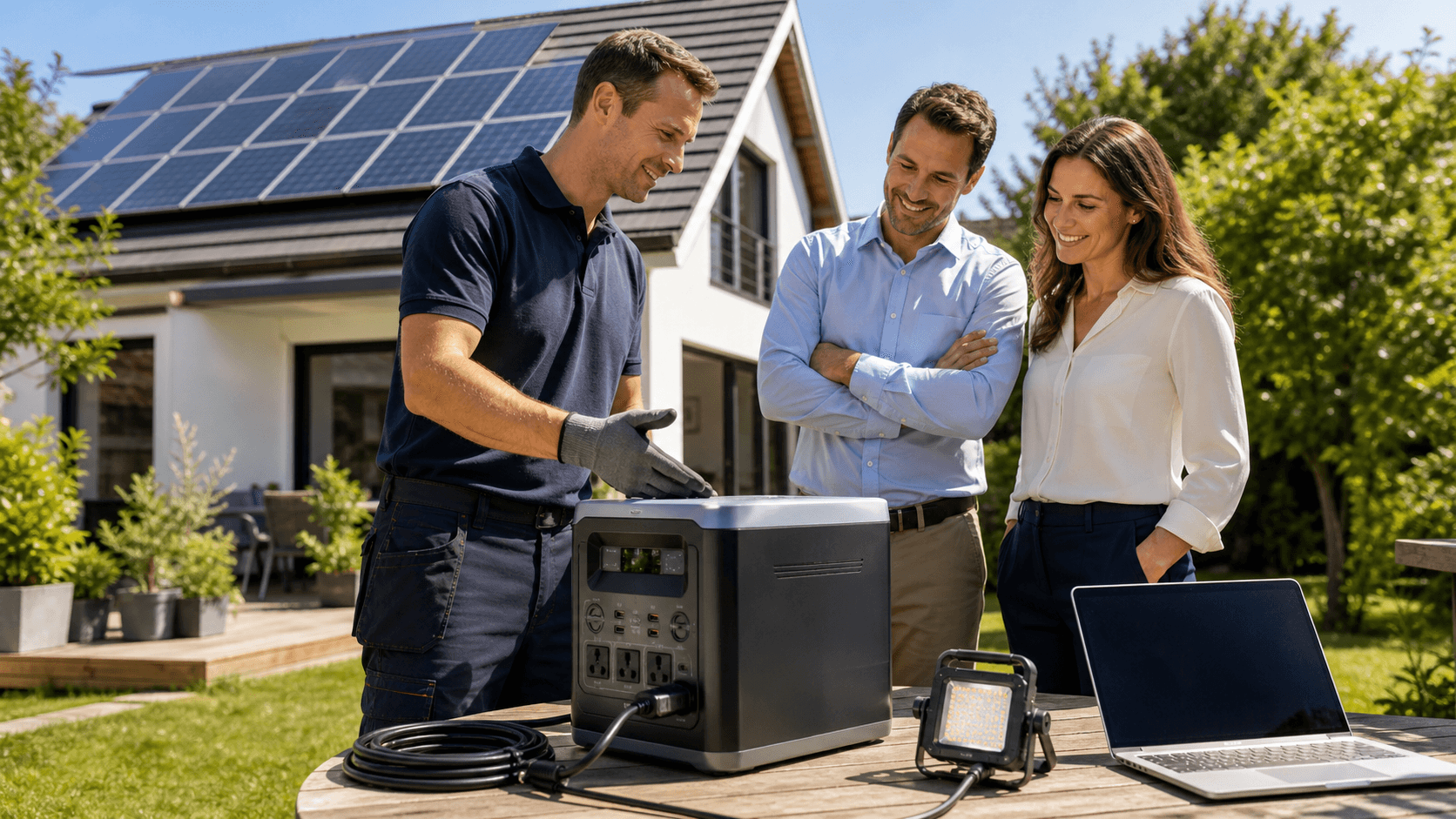 Portable battery power station beside solar panels on a sunlit roof, blue sky and warm golden lighting