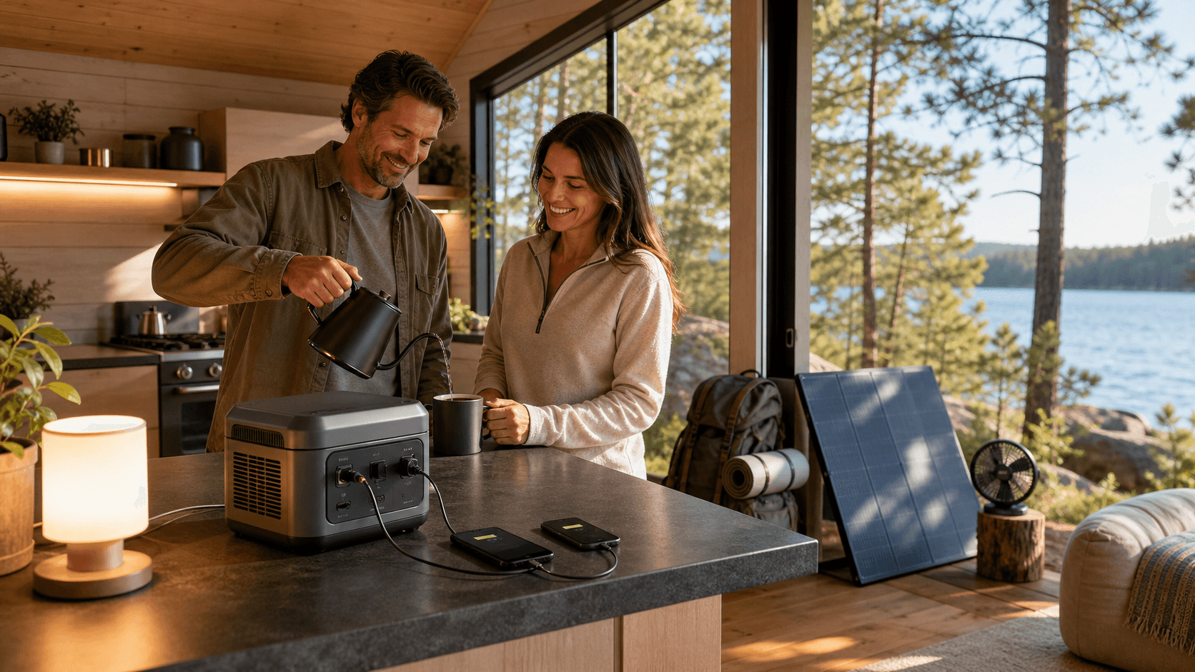 Sunlit wooden cabin interior with a compact gray battery unit beside a window, pine trees visible outside.